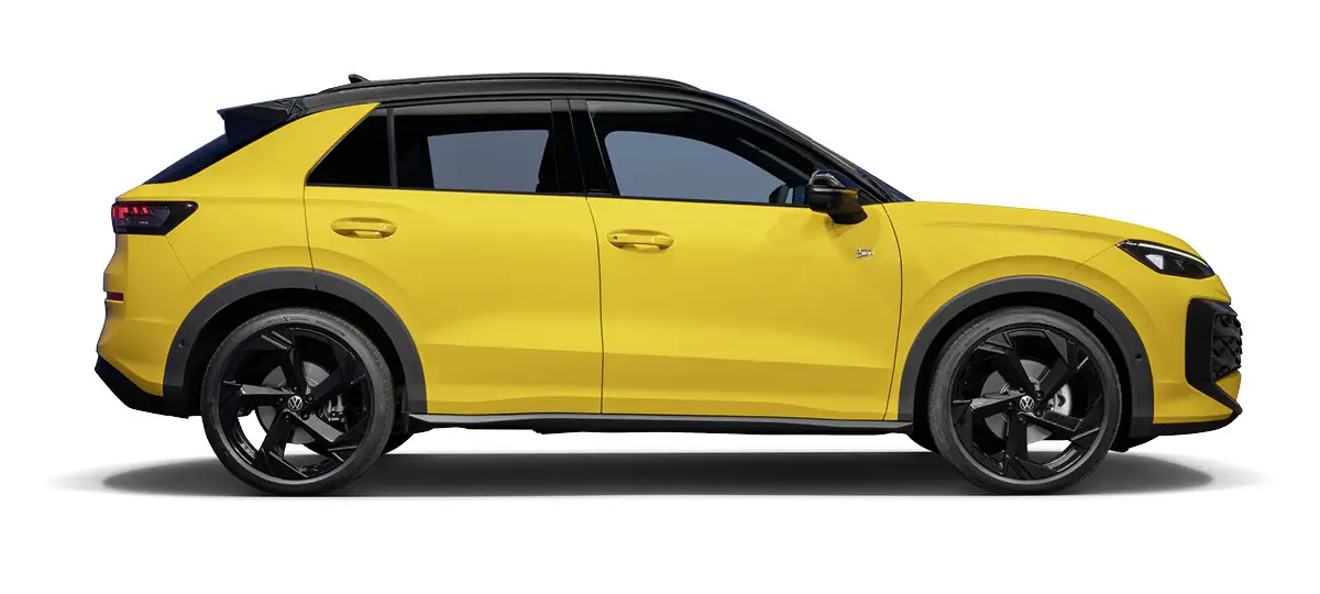 Zu sehen ist ein gelber VW T-Roc Live von der Seite